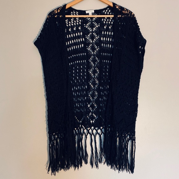 Knit Kimono | Cardigan Sweater Vest | Knit Kimono | Black | Tassels | Small - Picture 1 of 6